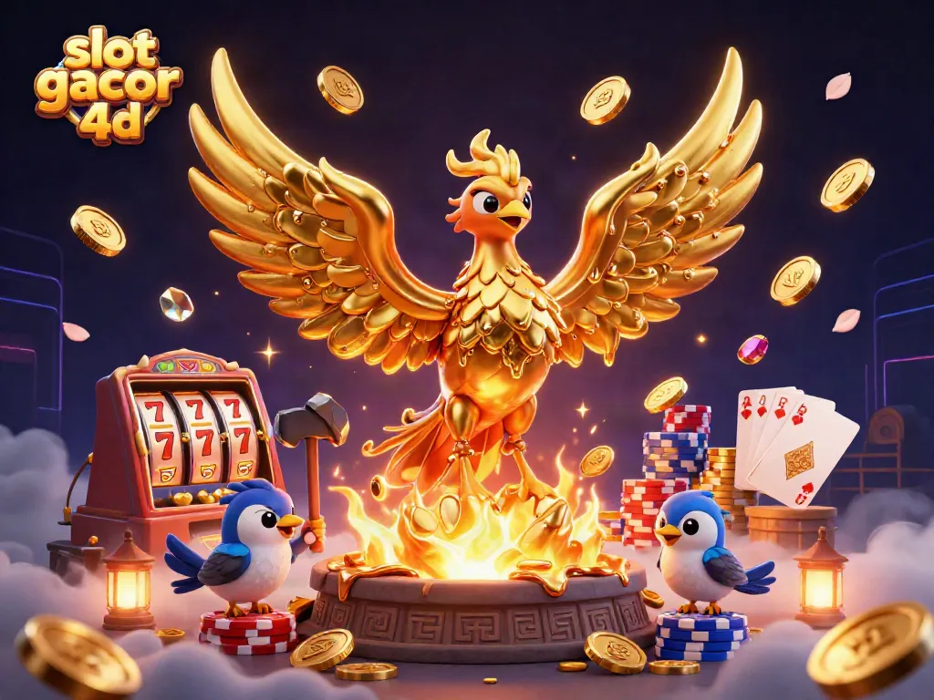 Menang di slot gacor 4d dengan phoenix emas, koin berjatuhan, dan suasana kasino yang meriah.