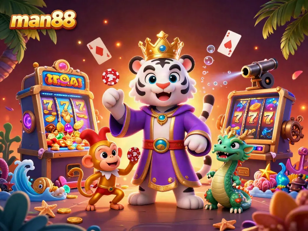 Engage with man88's thrilling slot machine scene featuring a white tiger and playful monkey.