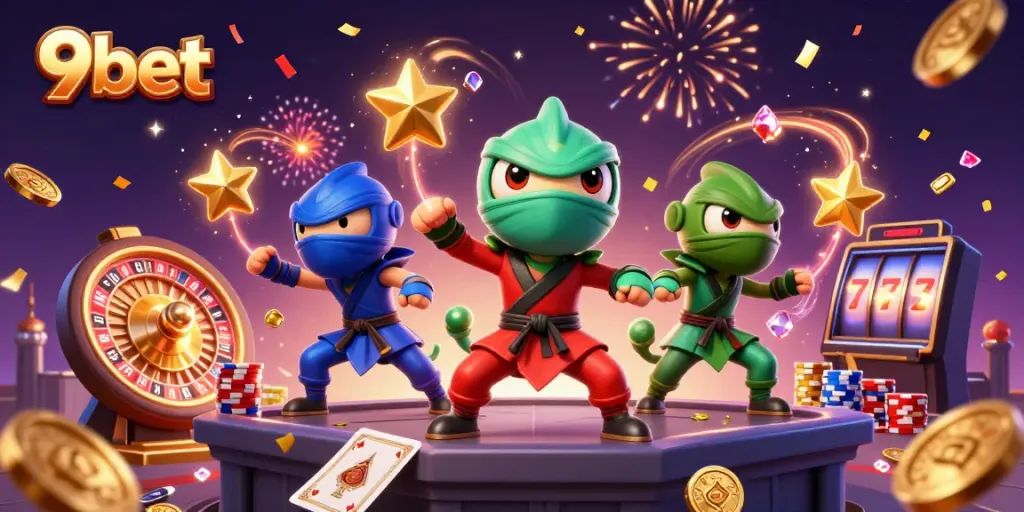 Experience the thrill of 9bet with ninja chameleons, coins, and casino elements in action.