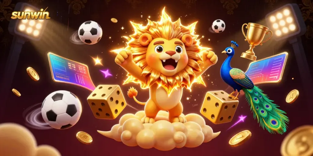 Sunwin gaming experience illustrated with dynamic 3D characters, showcasing vibrant betting elements and luxurious casino atmosphere.