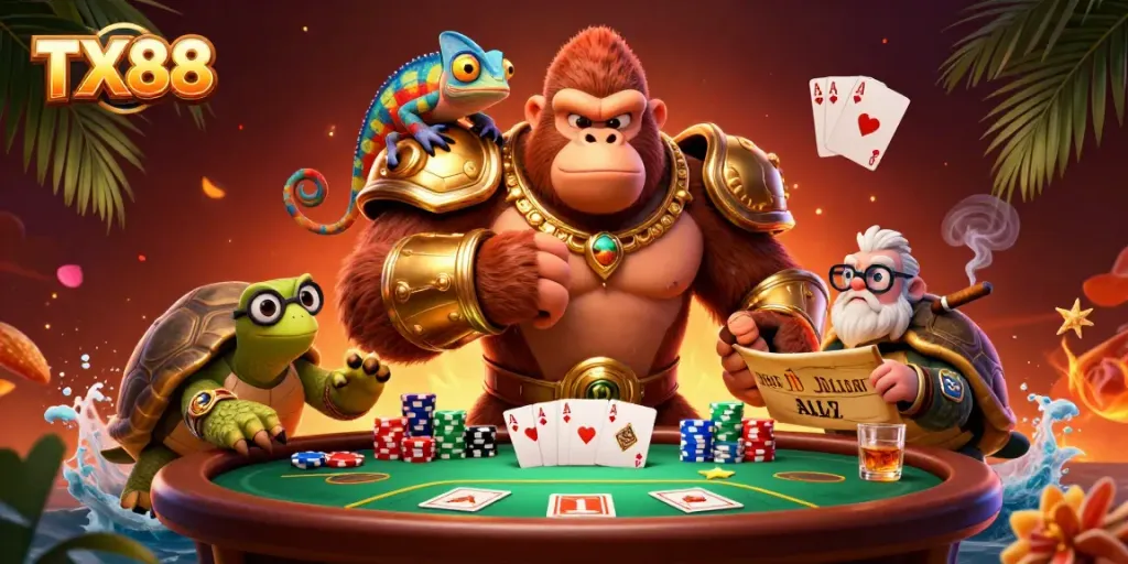 TX88 highlights thrilling poker action with a powerful gorilla, a chameleon spy, and a wise tortoise.