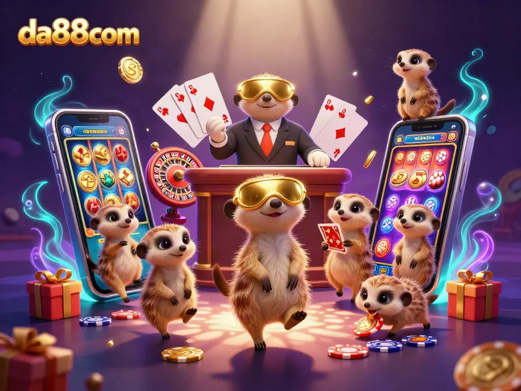 Experience the excitement of da88com with lively meerkats operating a vibrant casino, showcasing thrilling gaming action.
