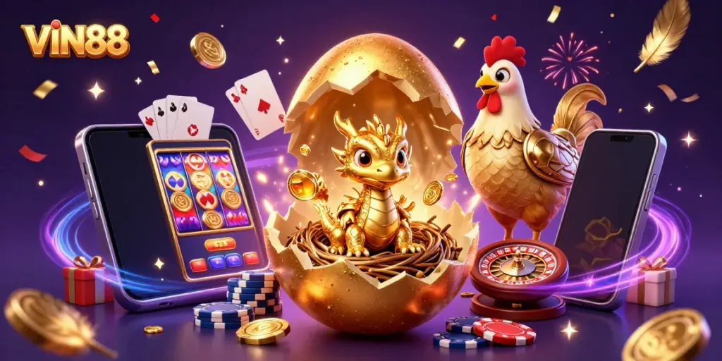 Experience exciting wins with VIN88, featuring a golden dragon and dynamic casino elements.