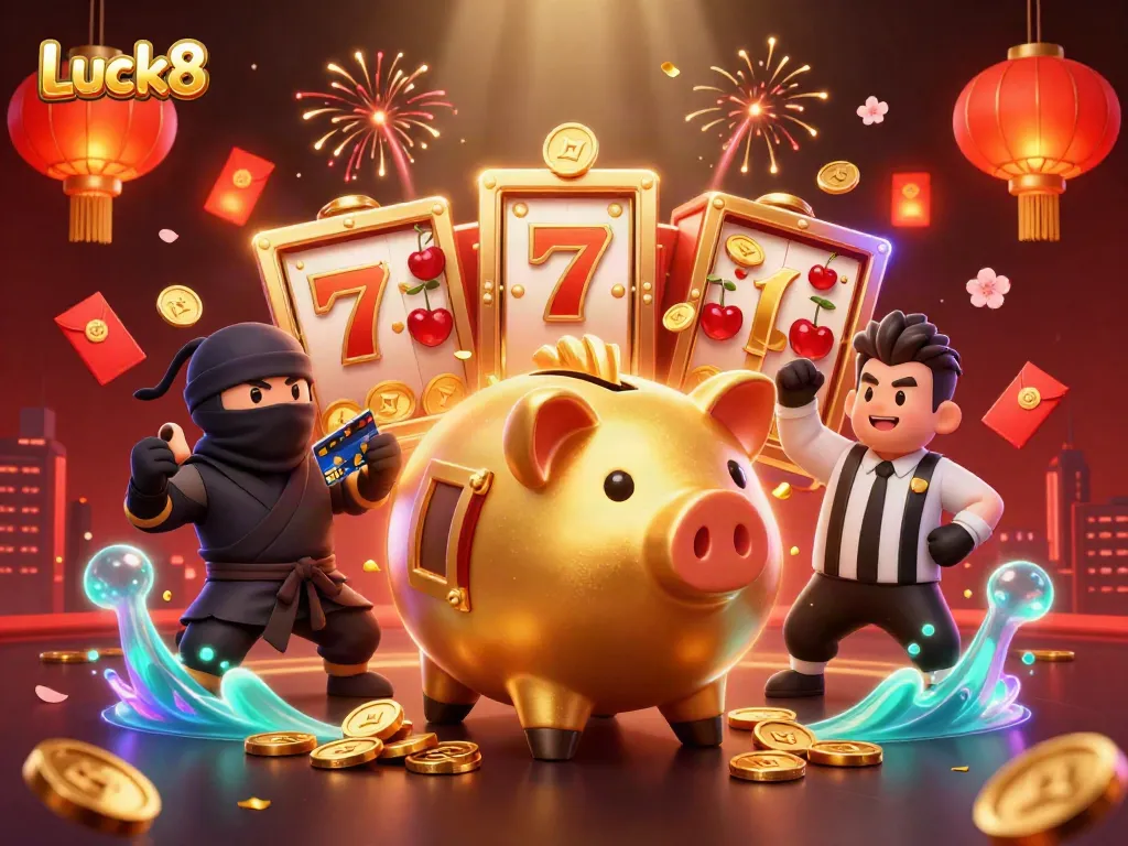 Luck8 showcases vibrant online casino energy with dynamic characters celebrating wins.