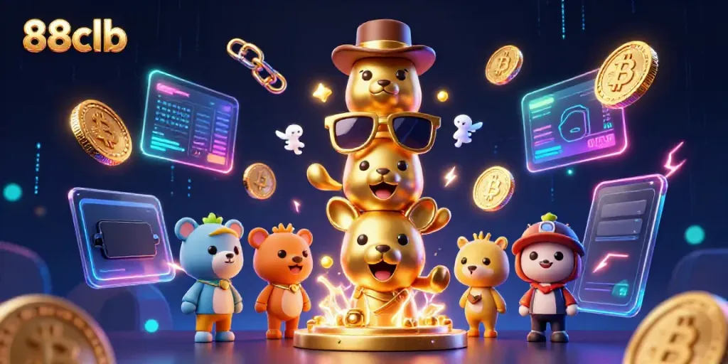 Engage with captivating 88clb totem illustration, featuring vibrant casino elements and dynamic crypto visuals.