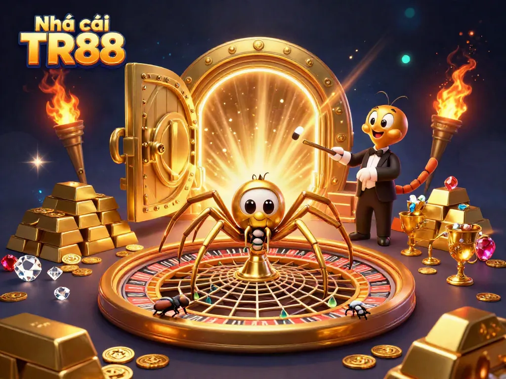 Engage with Nhà cái TR88 through a vibrant illustration of a golden spider and croupier at a roulette wheel, symbolizing exciting betting.