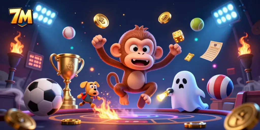 7M platform enhances sports betting excitement with dynamic poltergeist monkey and ghost-hunter puppy.