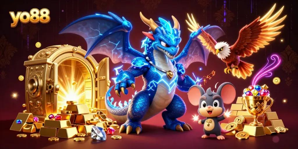Experience the thrill of yo88 with dragon, hawk, and treasures in stunning detail.