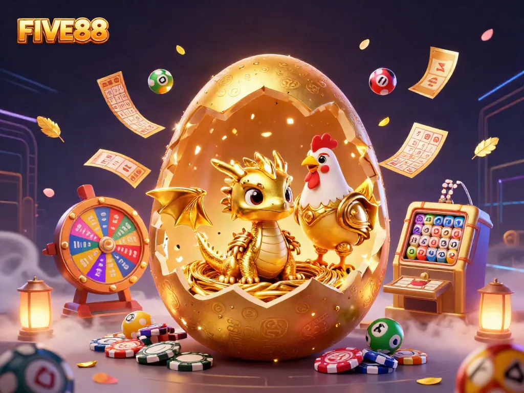 Experience winning moments at FIVE88 with a dazzling golden dragon and vibrant casino elements.
