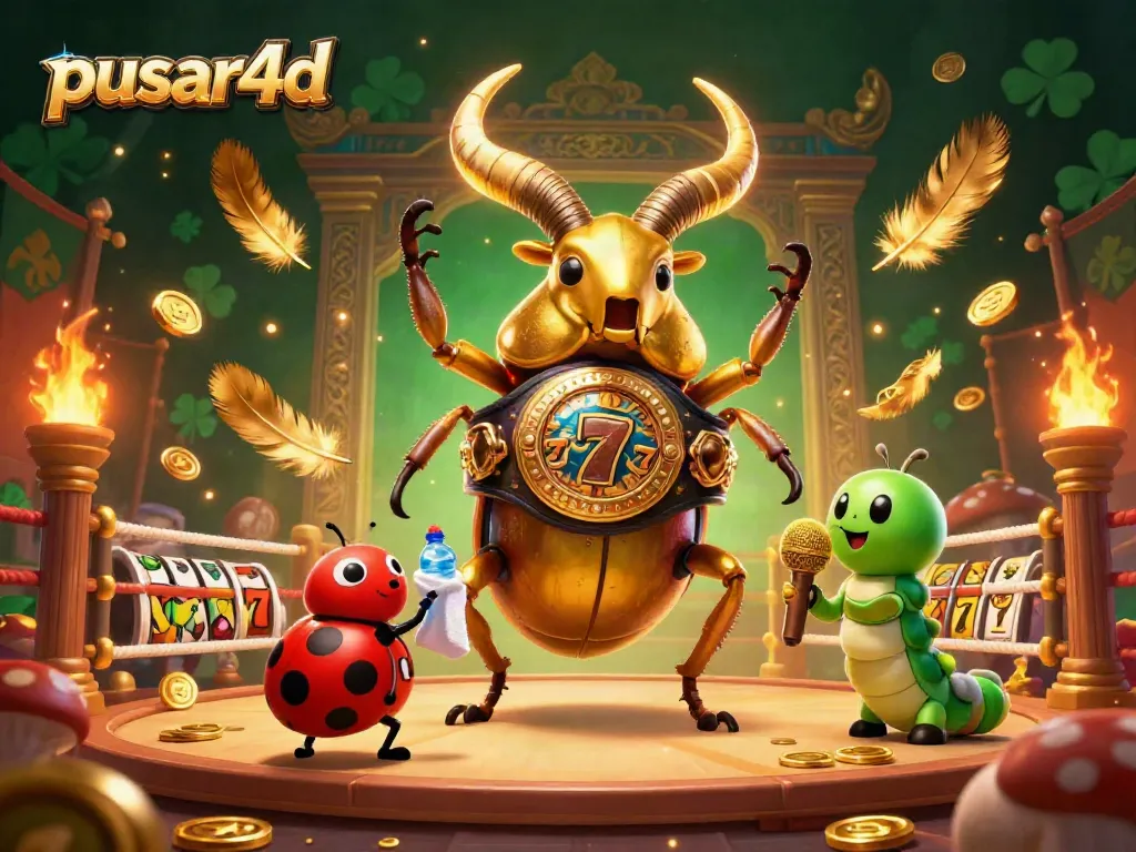 Engage with pusar4d on a vibrant gambling arena featuring a golden stag beetle champion, slot elements, and action.