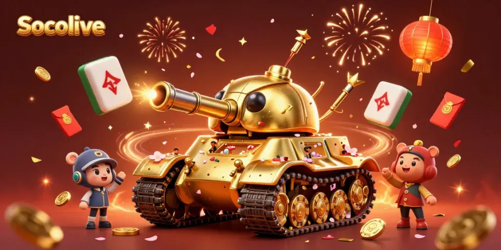 Socolive presents a vibrant illustration of a golden beetle tank casino, capturing the festive atmosphere of gaming excitement.