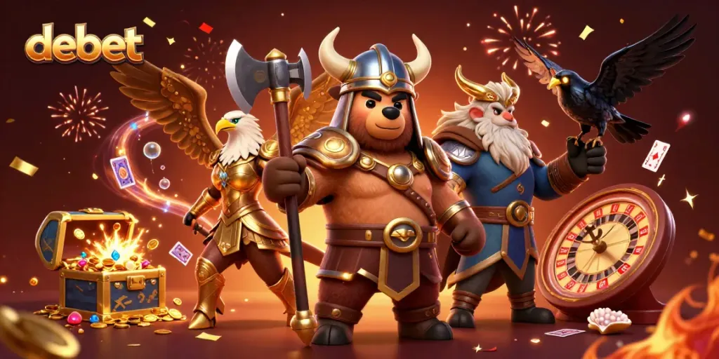 Engage in exciting games at debet with a fierce Viking and Valkyrie in a vibrant casino scene.