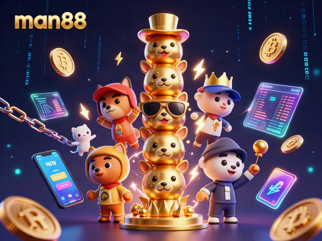 Win big at man88 with dynamic floating crypto coins and whimsical totem in vibrant casino scene