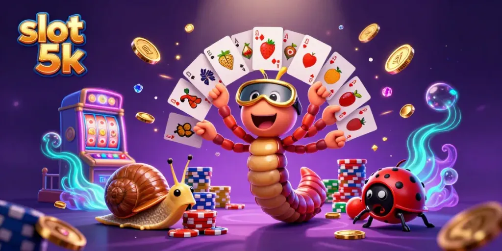 Engage with the vibrant slot 5k scene featuring a unique 3D cartoon millipede dealer and high-roller gaming excitement.