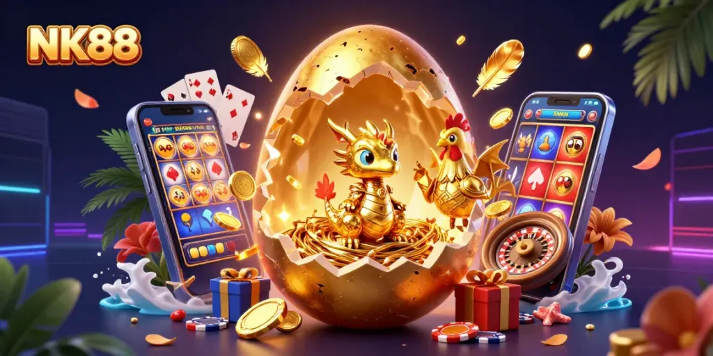 Experience thrilling wins with NK88's golden dragon guarding poker chips in an exciting casino setting.