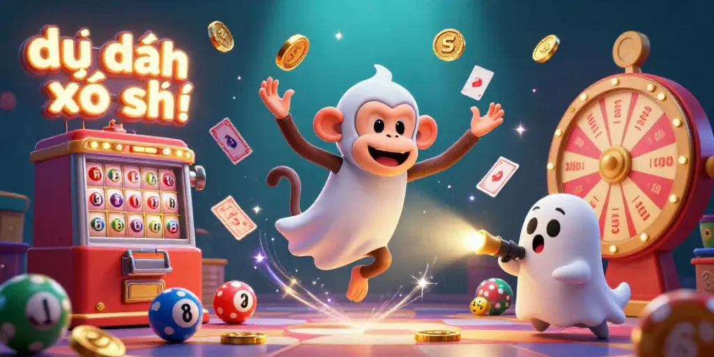 Engaging scene with a mischievous poltergeist monkey juggling in a lottery setting, illustrating dự đoán xổ số with energetic lottery elements.