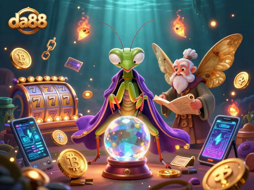 Spin and win with da88 as vibrant slot elements surround mystical fortune tellers.