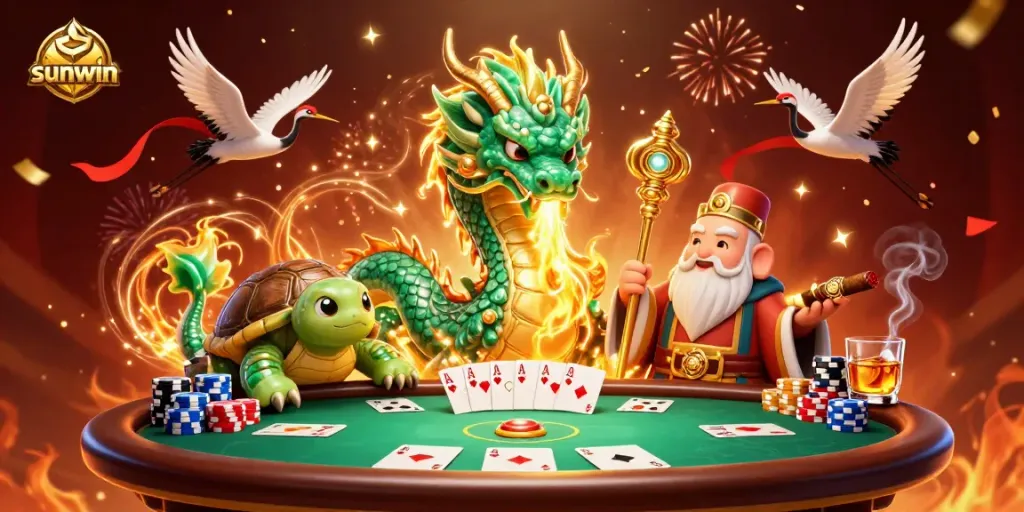 Play thrilling games at sunwin with majestic dragons and lucky cranes in a rich casino scene.
