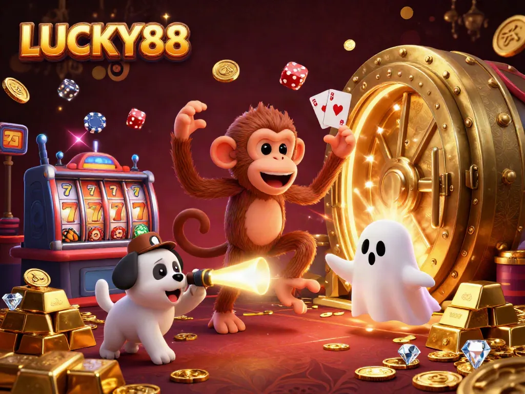 LUCKY88's vibrant scene showcases a playful poltergeist monkey and ghost-hunter puppy in a thrilling casino atmosphere.