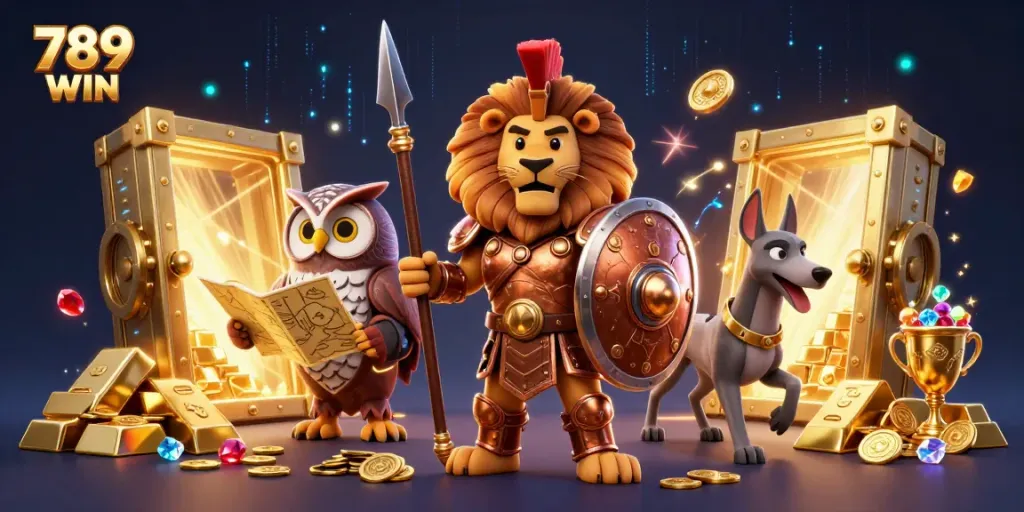 Experience the thrilling world of 789 WIN with a dynamic 3D illustration featuring a Spartan lion, owl strategist, and greyhound messenger amidst treasure, showcasing the excitement of online gaming.