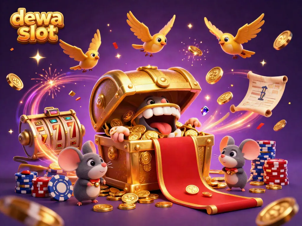 Experience the thrill of dewa slot with enchanting visuals of spinning reels and treasure in this vibrant casino illustration.