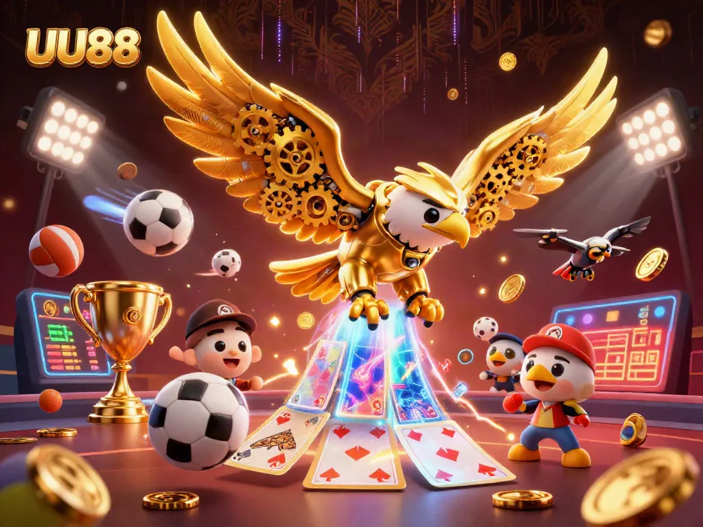 UU88 engages in immersive gameplay with a dynamic 3D casino scene featuring a cybernetic eagle.