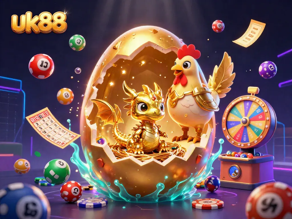 Engage with exciting slots at uk88, featuring a golden dragon and vibrant casino elements.