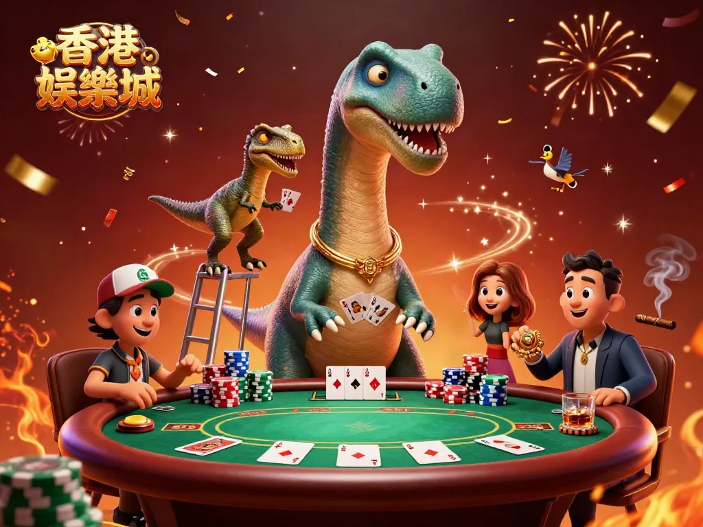 Engage with 香港娛樂城 as a brontosaurus towers over a dynamic poker scene, showcasing excitement and strategy.