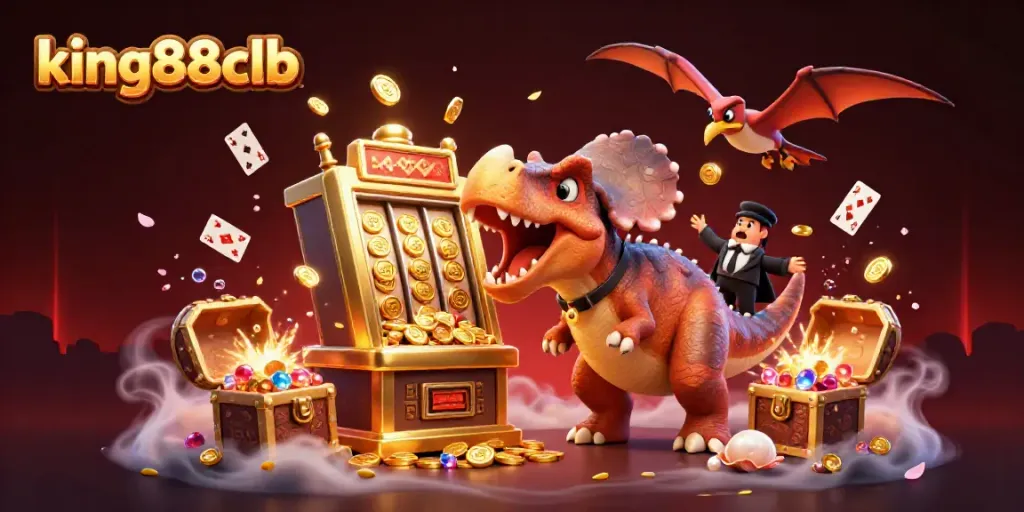 Catch big wins at king88clb with a thrilling slot machine jackpot scene featuring vibrant cartoon dinosaurs.