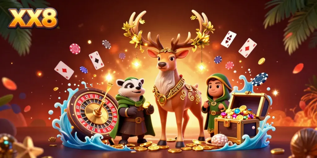 Engage in thrilling gambling action at XX8 with vibrant characters, roulette, and cards.