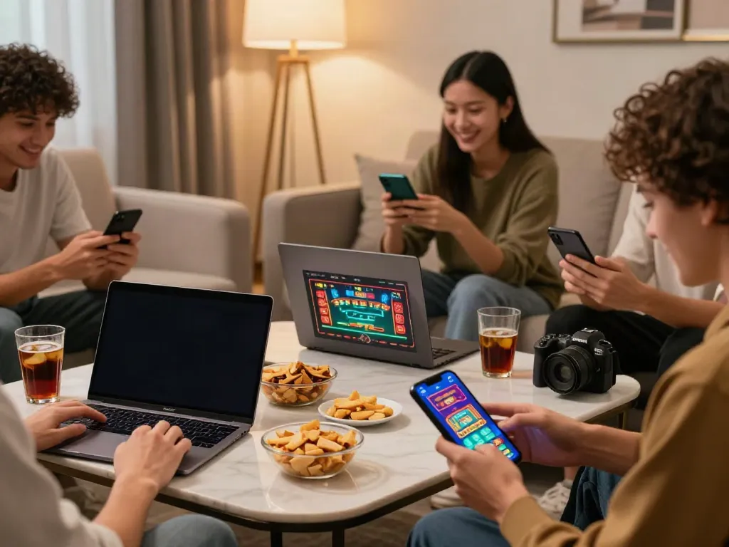 Friends enjoying Sun Win online casino games on various devices in a cozy setting.