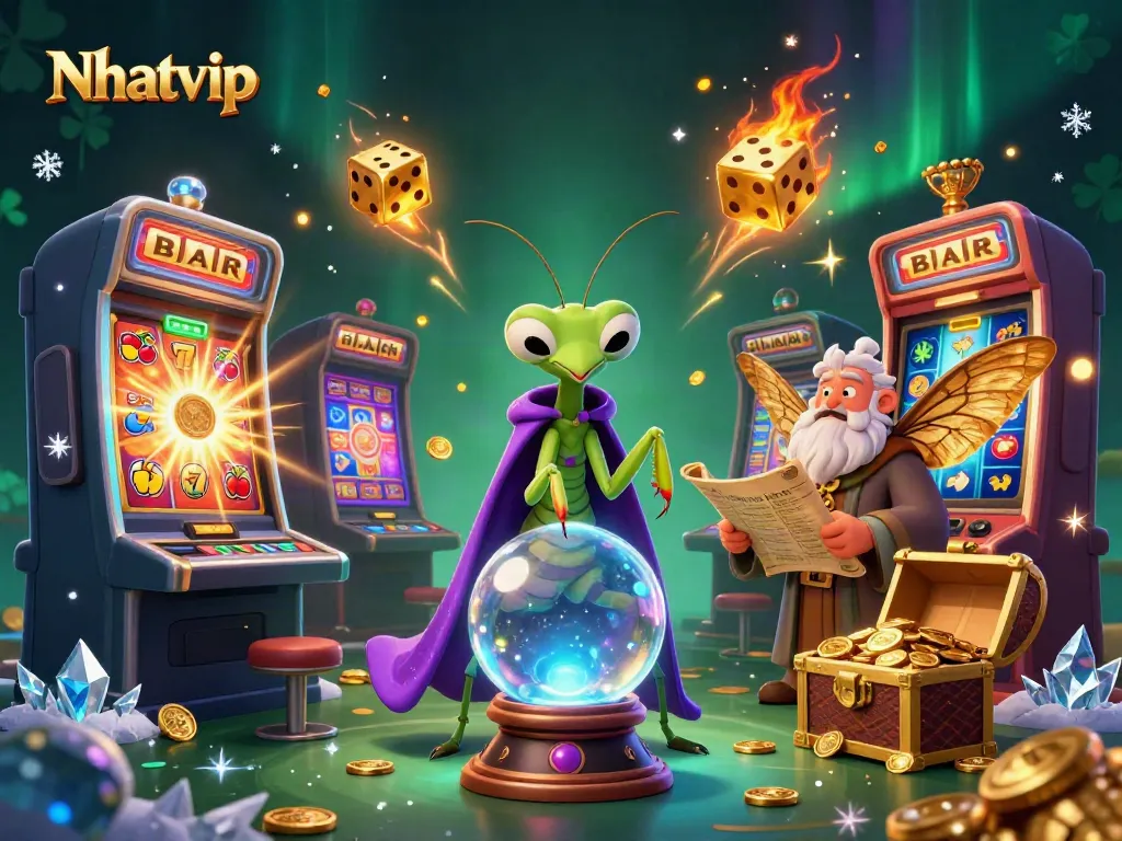 Nhatvip captivates players with vibrant casino magic featuring a fortune teller, moth librarian, and jackpot excitement.