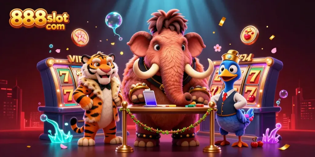 Experience the thrill of 888slot com with a vibrant casino scene featuring iconic characters and jackpot elements.