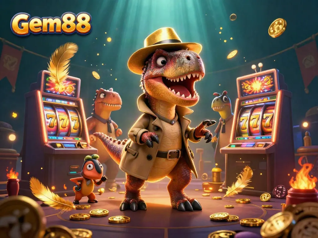 Experience thrilling slots at gem88 with a cartoon velociraptor card counter amidst gold coins and vibrant casino elements.