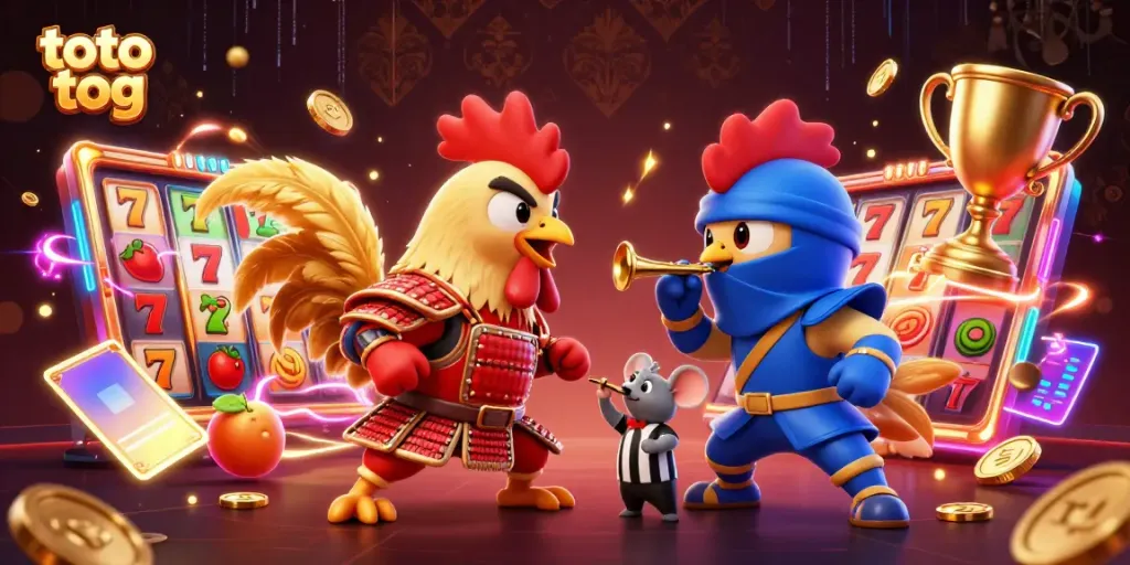Engage with exciting slots featuring the dynamic toto tog roosters, samurai, and ninja in a thrilling casino setting.