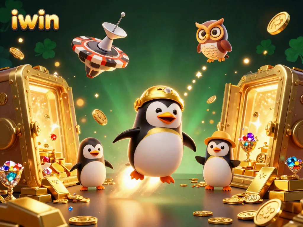 Experience thrilling gaming action with IWIN’s vibrant casino scene featuring a penguin and treasures.