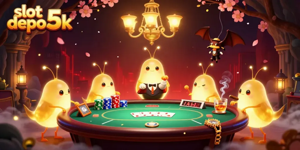 Experience the thrill of slot depo 5k with our glowing casino scene featuring vibrant characters and engaging elements unlike any other.