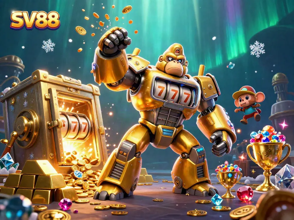 SV88 showcases a dynamic scene with a golden gorilla mech and treasure elements, emphasizing slots and jackpot excitement.