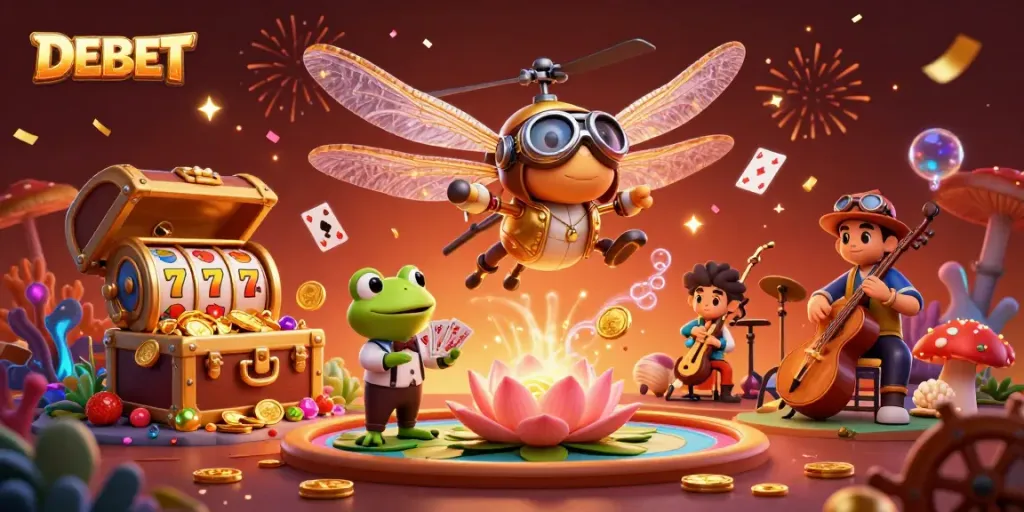 Experience the vibrant thrills of DEBET casino as characters engage in playful gambling activities amidst exciting visuals.