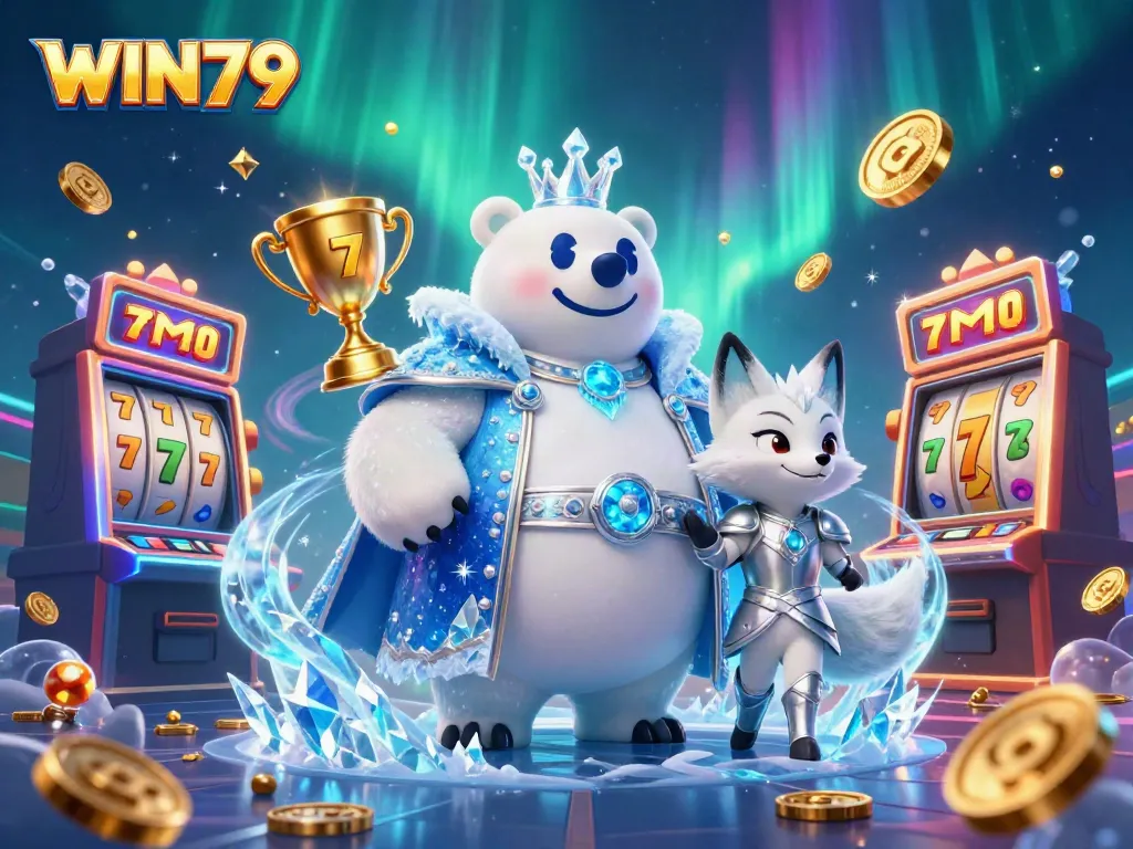 Experience WIN79's excitement with a thrilling cartoon casino scene featuring a majestic ice king and snow fox.