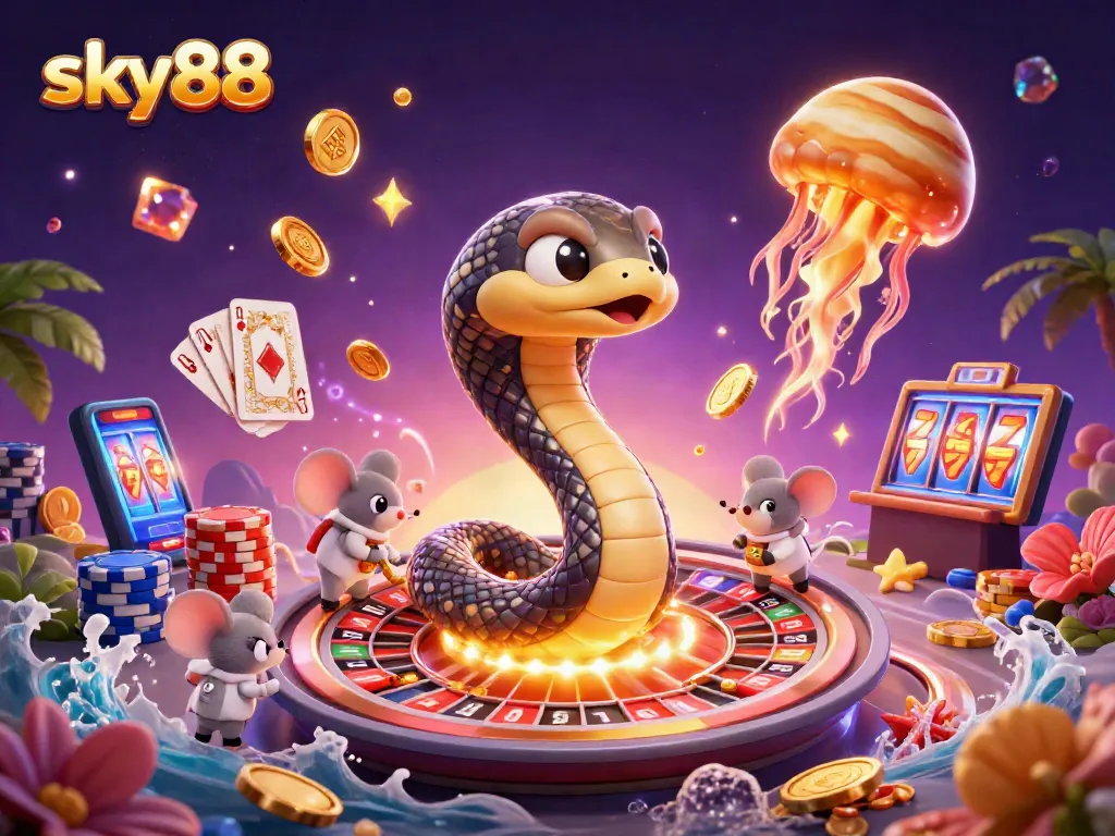 Experience thrilling bets at sky88's roulette, with cosmic characters and vibrant gaming elements.