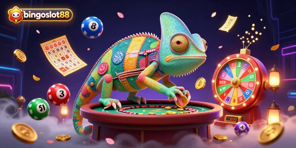 Permainan bingoslot88 yang seru dengan chameleon kasino besar dan elemen bingo interaktif.