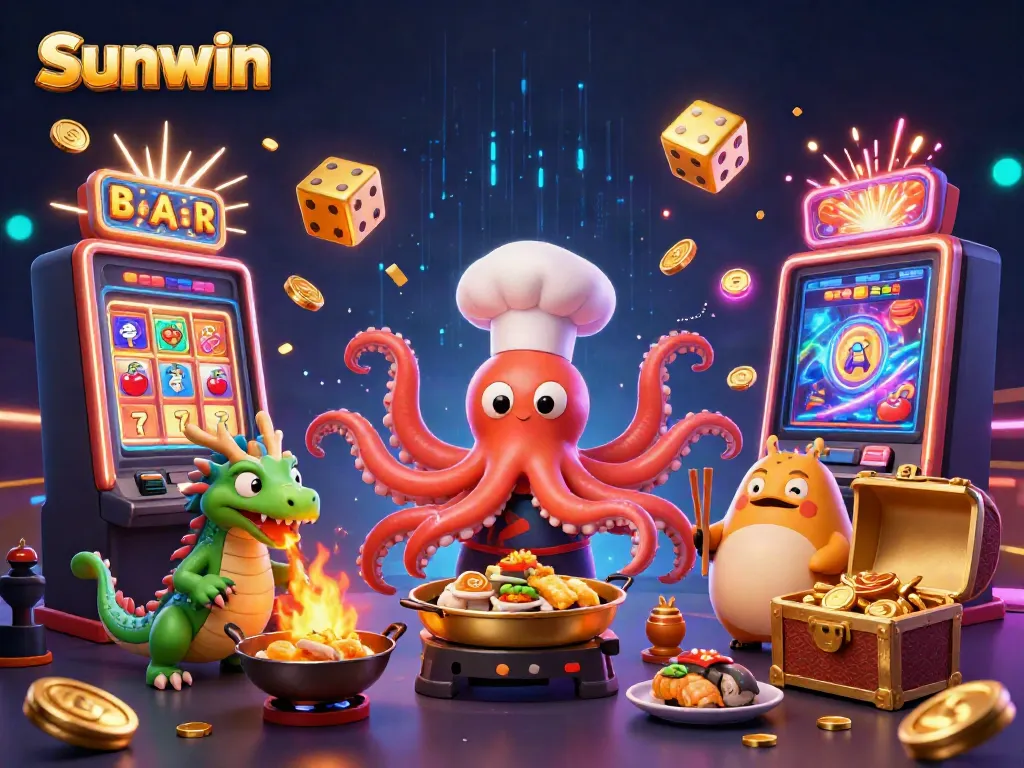 Experience the thrill of winning at Sunwin, featuring a vibrant casino scene with dynamic characters and exciting game elements.