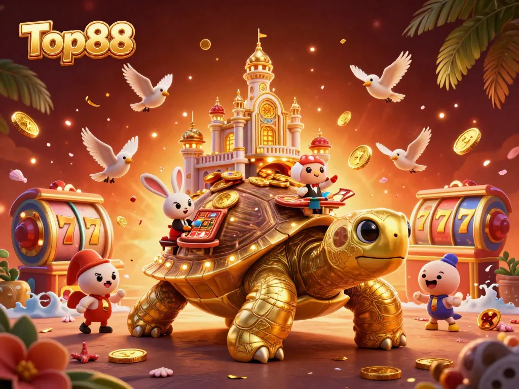 Experience the excitement of Top88 with a vibrant 3D casino scene featuring a golden tortoise and slot machines.