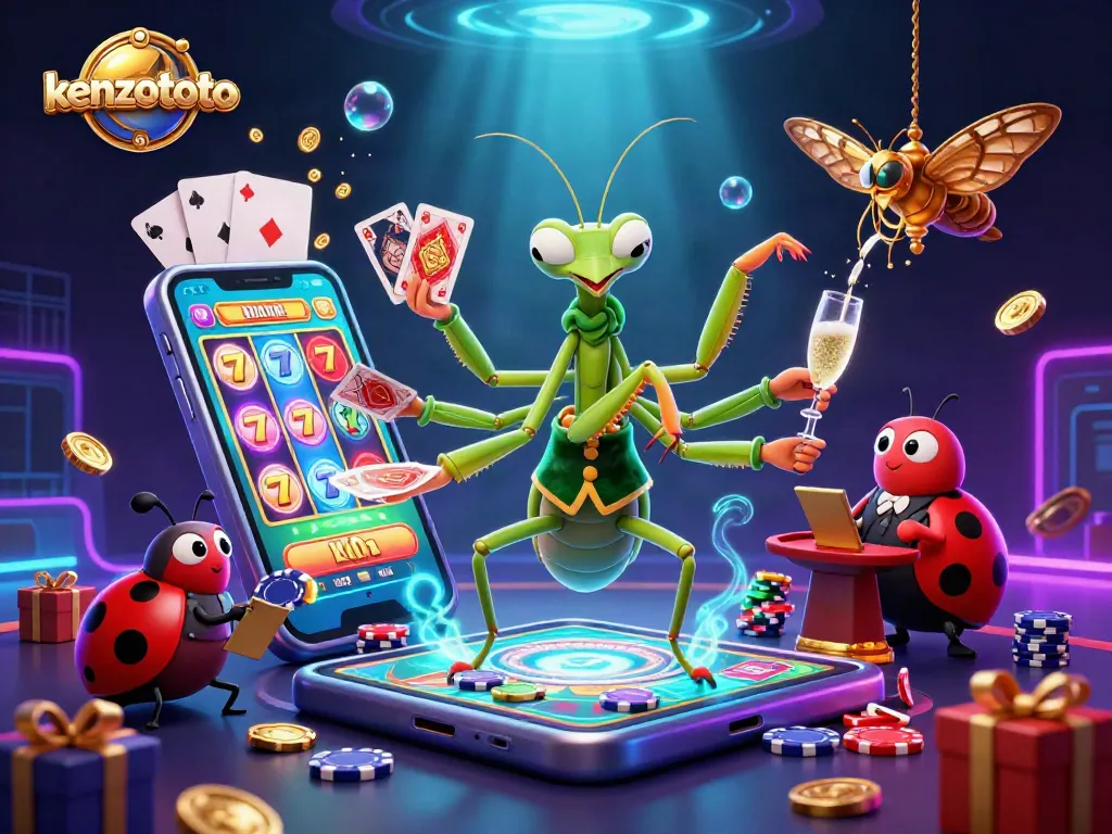 Experience the action at kenzototo with a giant praying mantis dealer and vibrant game elements!