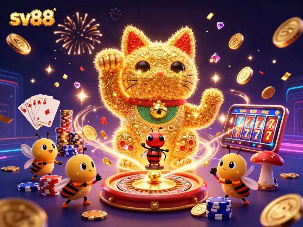 sv88 captures the excitement of casino gaming with a lucky cat and golden fireflies in a vibrant setting