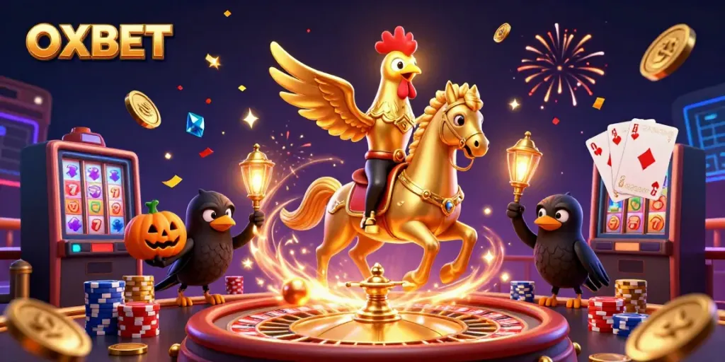 Experience the thrill of OXBET with a vibrant casino scene filled with excitement and gold.