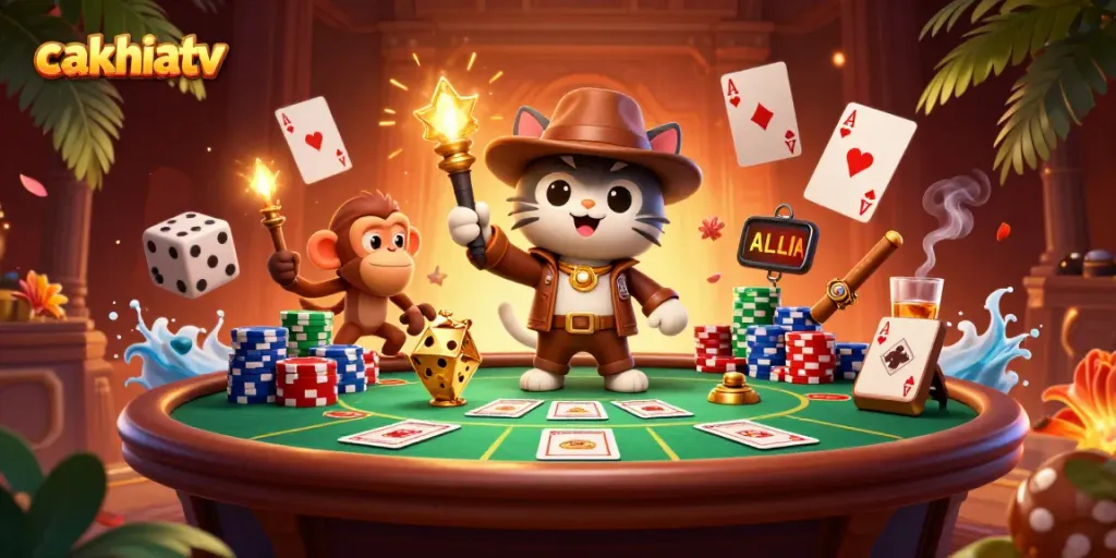 Cakhiatv features an explorer cat discovering casino treasures in a vibrant temple.
