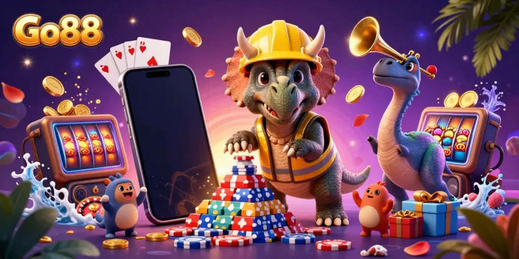 Experience the excitement of Go88 with a dynamic illustration of characters celebrating around casino games and vibrant visuals.