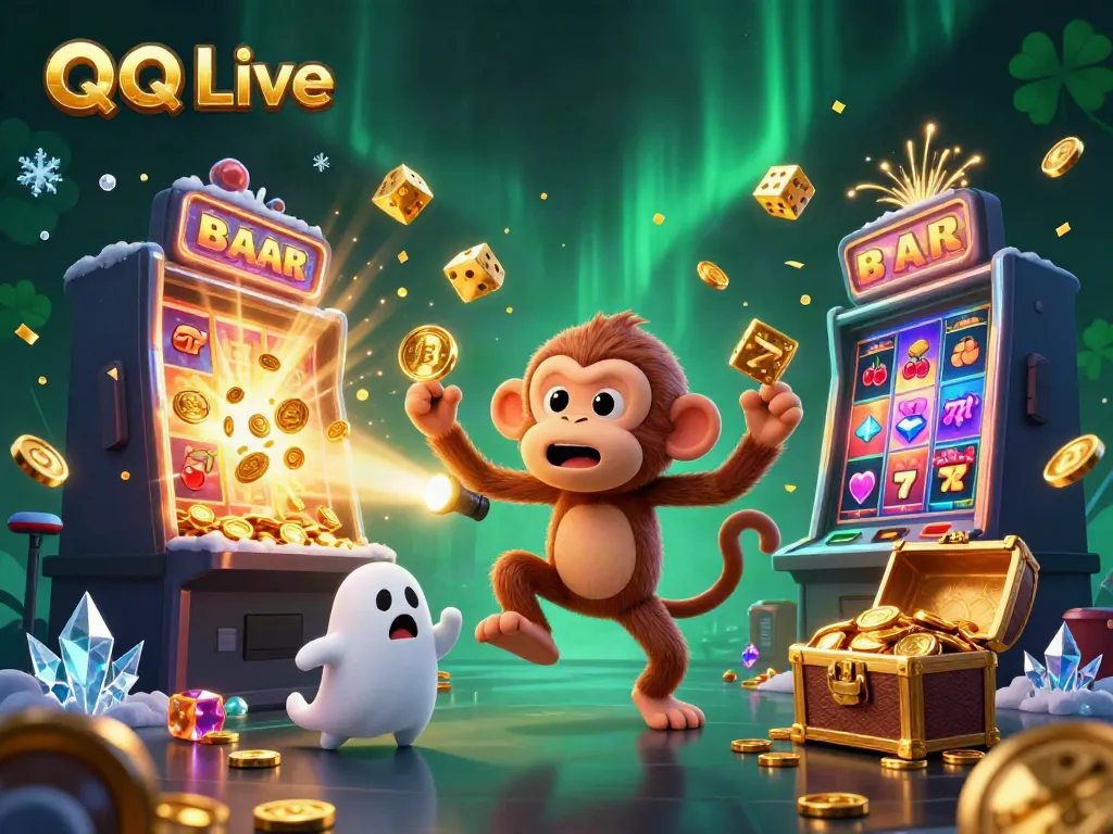 Engage in thrilling games with QQ Live, featuring a playful monkey and adventurous puppy in a haunted casino.